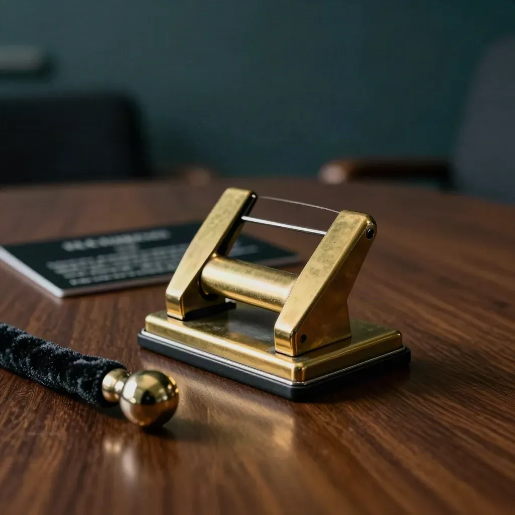Brass ticket punch, velvet rope ferrule and stage clip on walnut with blurred theater lights.