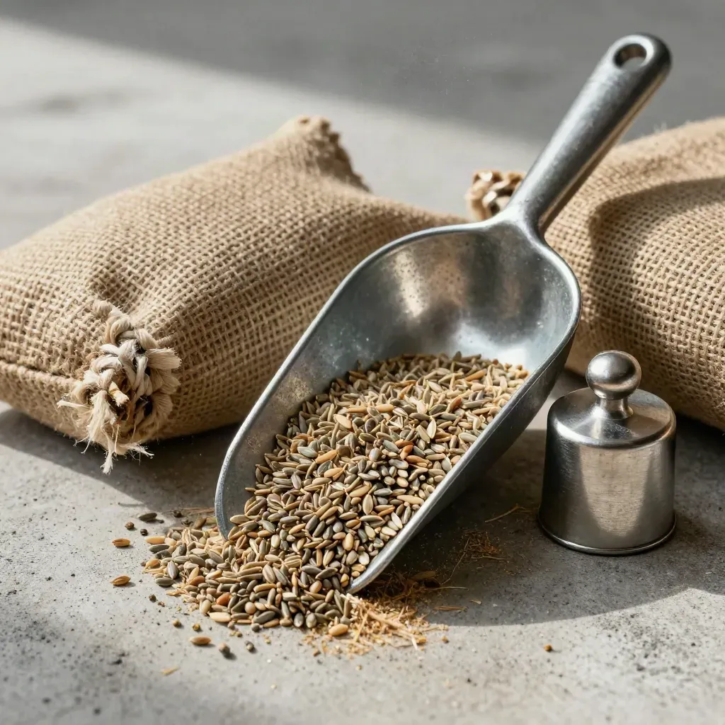 Macro flat lay of a grain scoop, burlap sack, and steel weight on pale concrete.