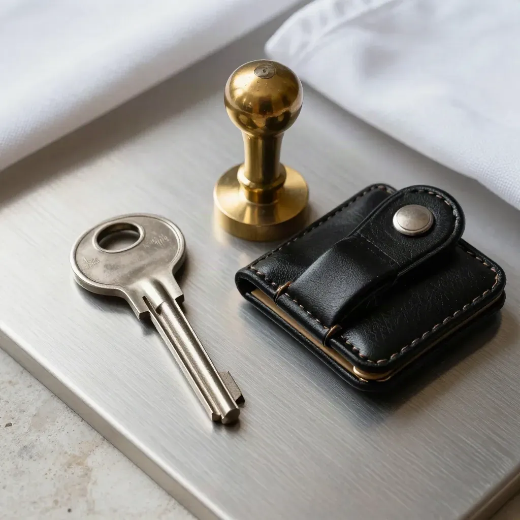 Overhead still life of a steel key, brass seal press, and leather clasp on pewter stone