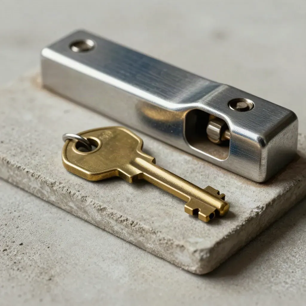Brass key overlapping a brushed aluminum latch on a concrete tile