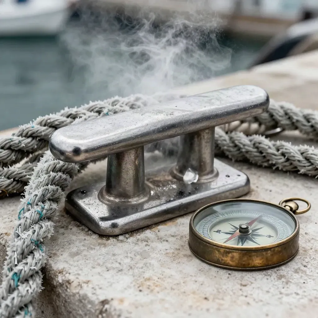 Extreme macro of dock line, stainless cleat and weathered compass paperweight on pale stone.