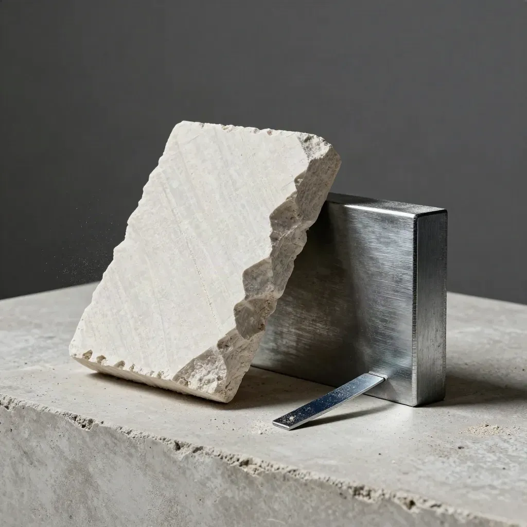 Limestone core sample, metal bracket, and steel block on concrete in dramatic studio light.
