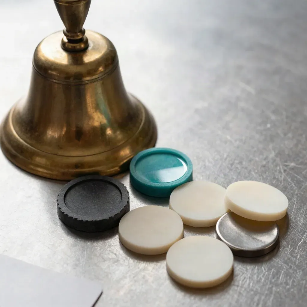 Brass desk bell with slate quorum chips and attendance pucks on brushed metal.