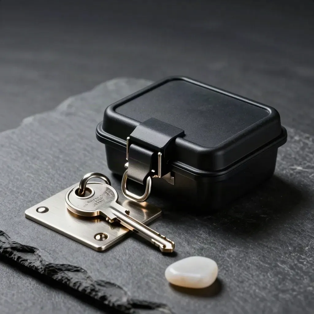 Black tamper seal, chrome ballot key, and sealed latch on dark stone