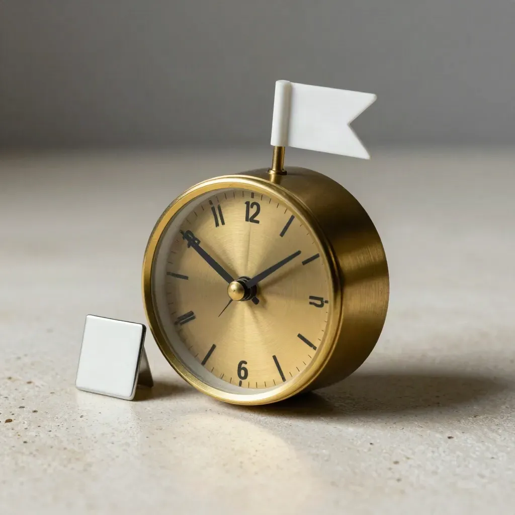 Brass timer with raised flag and chair marker on pale stone