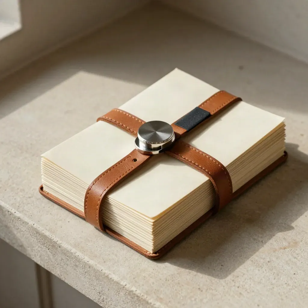 Leather strap, steel seal, and tied proxy cards on a pale stone archive surface.