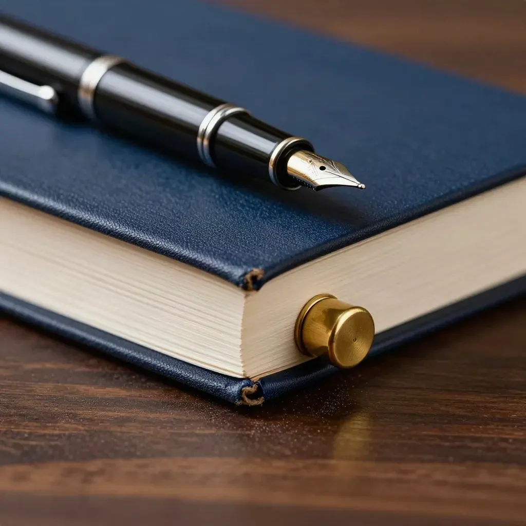 Closed minute book with fountain pen and brass page weight on dark walnut, lit in macro detail.