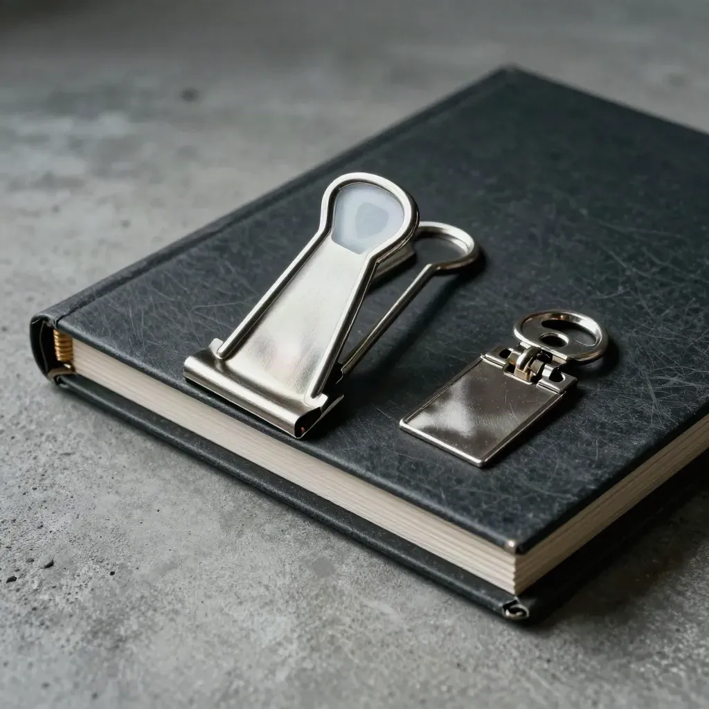 Archival binder clasp, evidence seal, and metal archive tag on cool concrete.