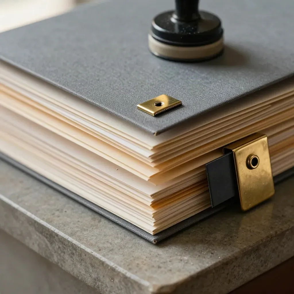 Macro of tabbed minute folders, ink stamp, sealed envelope and brass clip on stone.