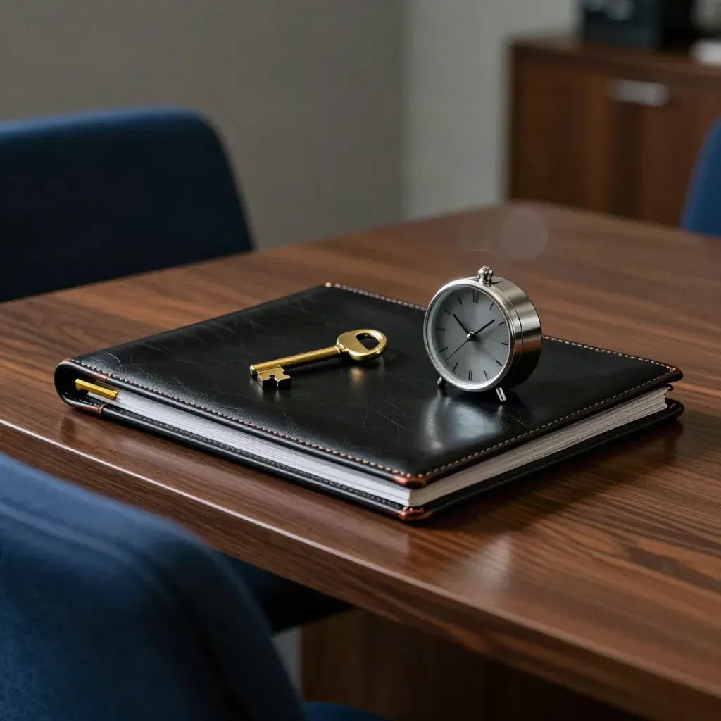 Black briefing folio, brass key, and compact clock on a boardroom credenza seen past a chair back.