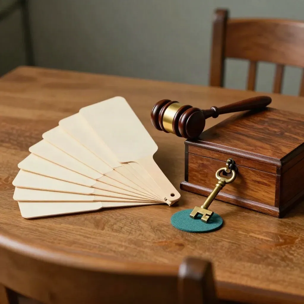 Macro still life of a chair gavel, voting paddles and brass ballot key on honey oak.