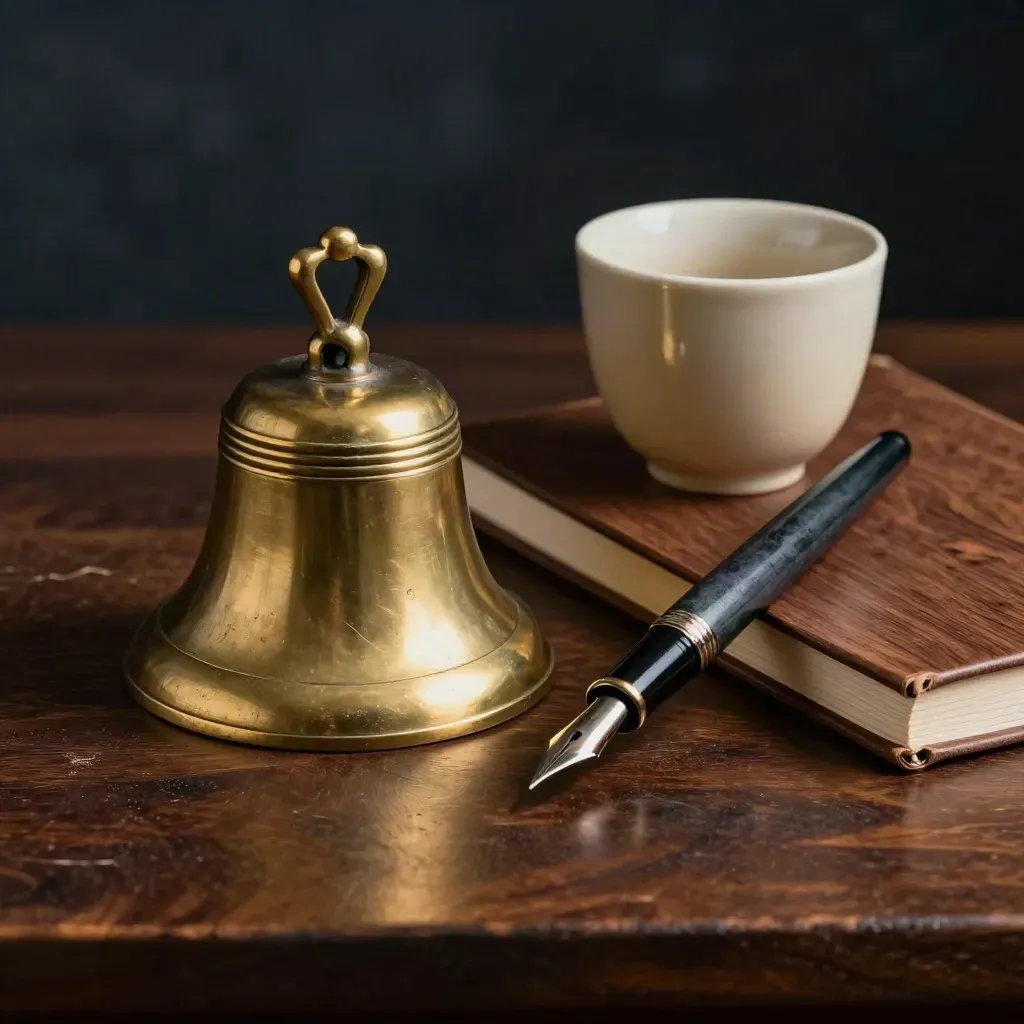 Brass bell, fountain pen, walnut minute book and ceramic cup on dark wood