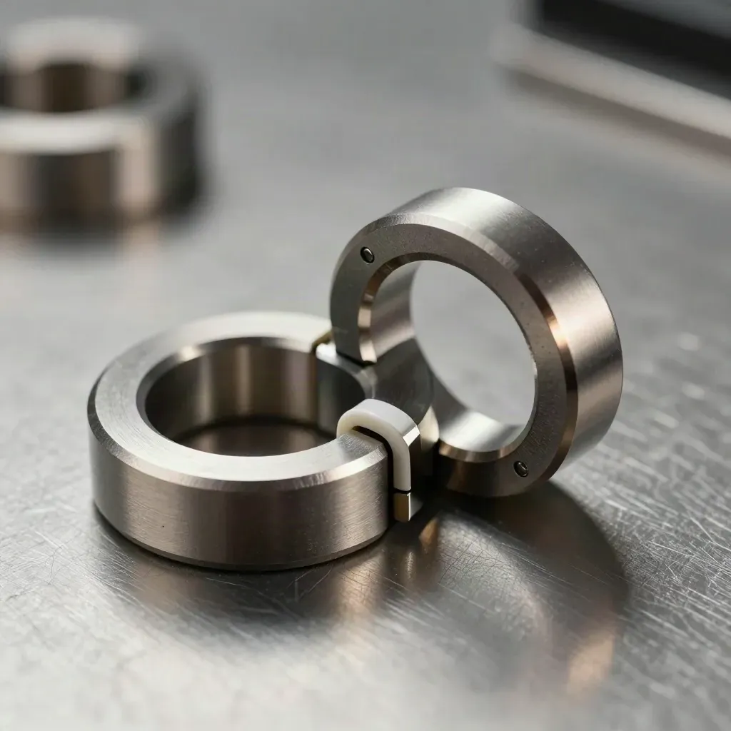 Metal workflow parts locking together on brushed steel, with a white spacer and soft shadows.