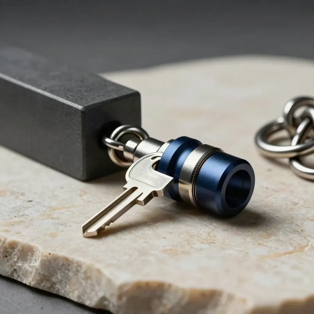 Steel rings, modular block, and precision connector on pale limestone with dramatic studio light.