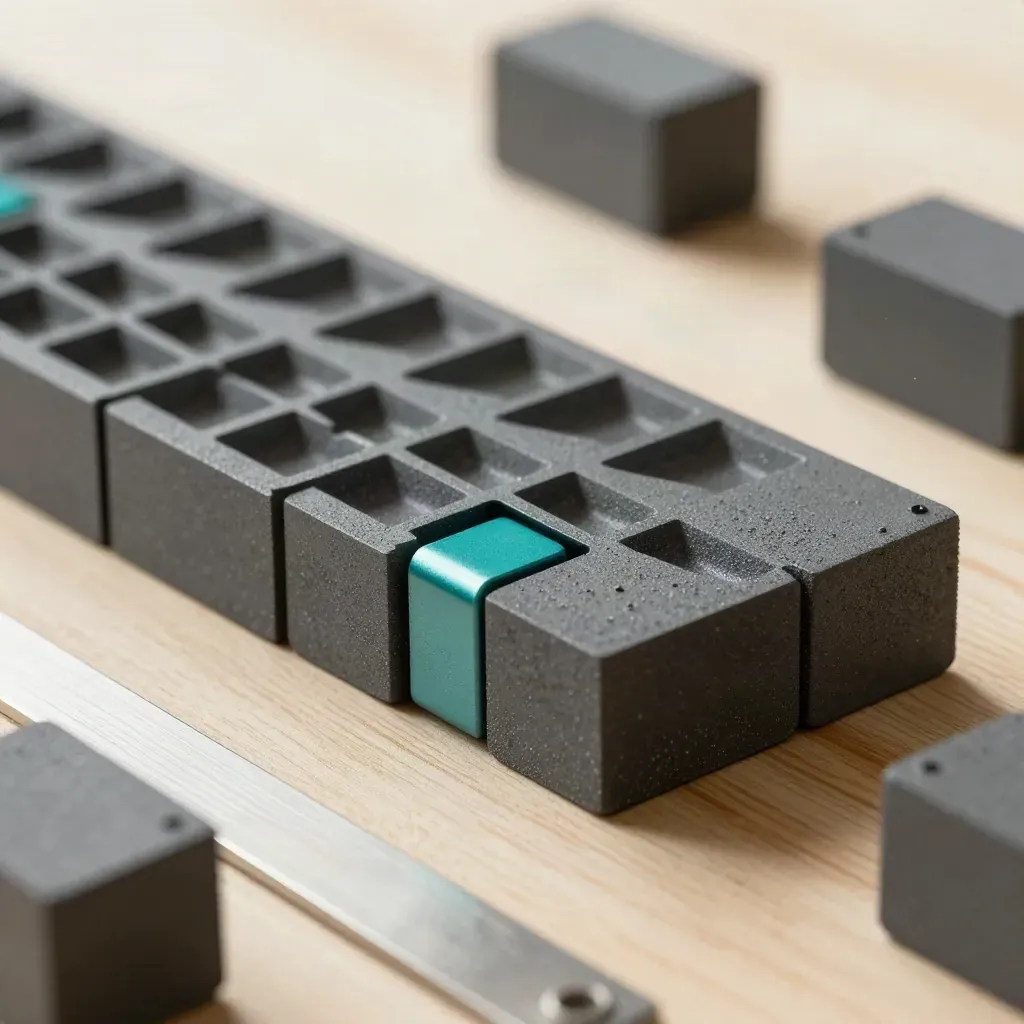 Graphite modular blocks and a teal connector aligning on warm pale wood.