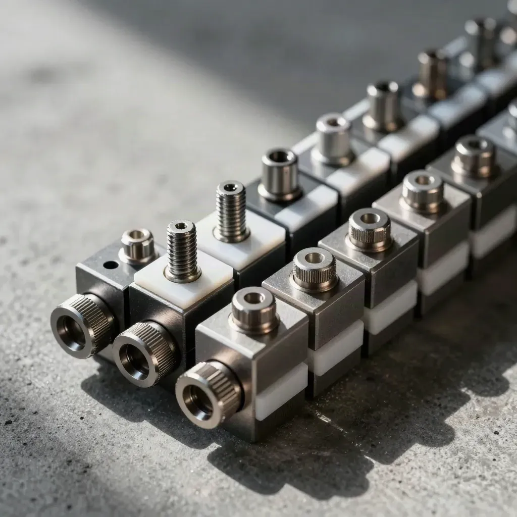 Macro top-down still life of metal workflow connectors and blocks on dark concrete with white accents.