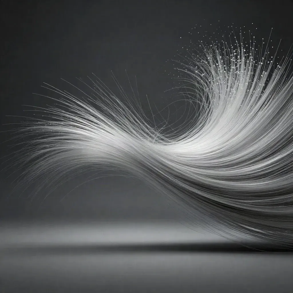 Silver light filaments converge into a soft white bloom in dark space.